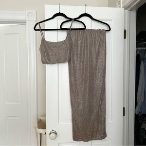 Sz M brown pink glitter maxi skirt set